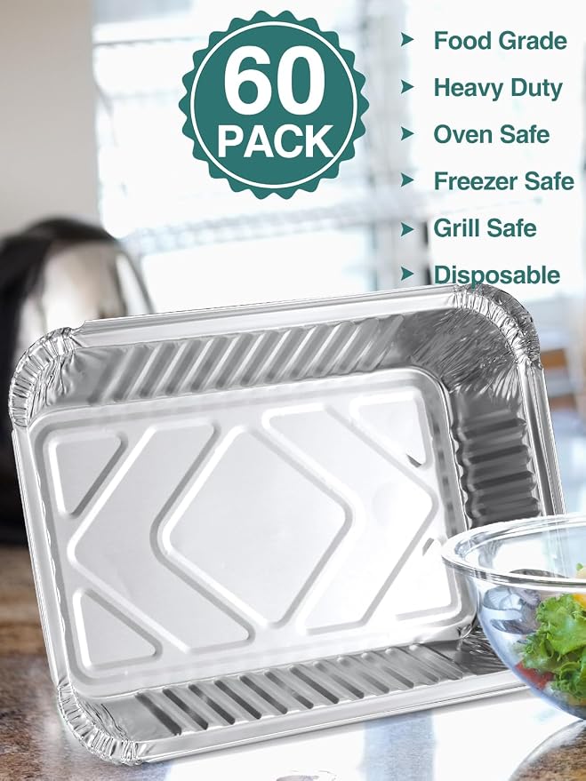 NEEBAKE 60 Pack 8x6 Disposable Aluminum Pans Aluminum-Foil-Pans-Tin-Foil-Baking-Pans-Tin-Trays-Food-Containers-for-Meal-Prep-Cooking-Roasting-Heating