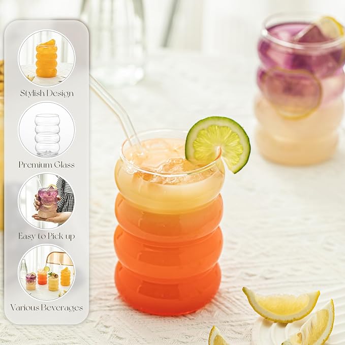 KEMORELA 2PCS Wave Bubble Beverage Glasses With Straws, 18 Oz Vintage Glass Cups, Aesthetic Iced Coffee Glasses, Ripple Glassware, Beer Glasses - Stylish Drinkware for Every Occasion