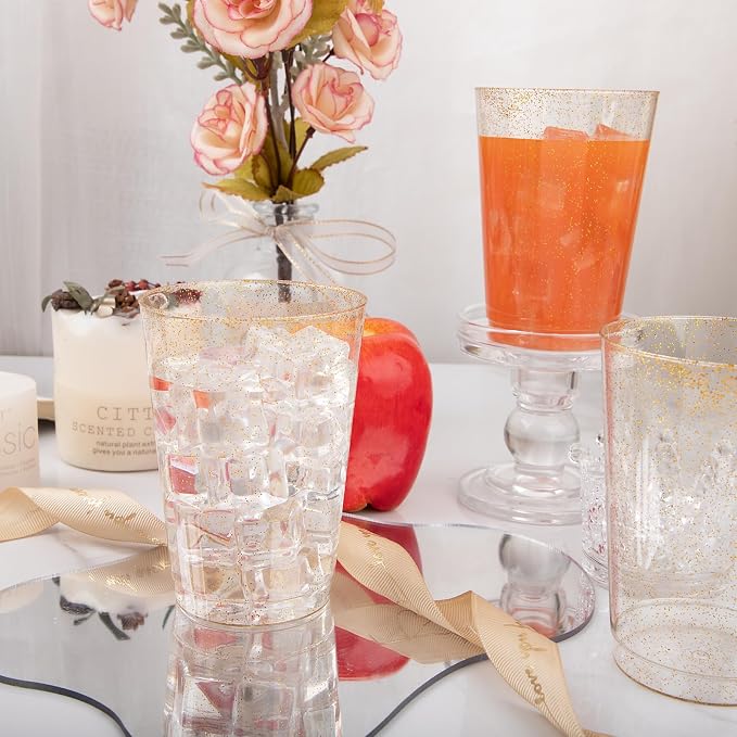 IOOOOO 100 Pack 12 oz Gold Glitter Cups, Clear Disposable Cups, Gold Plastic Wine Glasses Cocktail Glasses Heavy Duty Cups, 12 Ounce Glitter Plastic Tumblers for Party