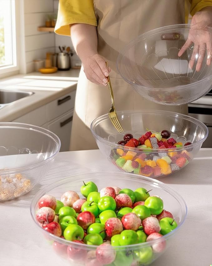 BESTVIP 150 Oz Clear Plastic Serving Bowls, 4 Pack | 11.6-Inch Disposable & Reusable Bowls for Salad, Snacks, Chips & Candy, Stackable for Parties, Holidays & Meal Prep