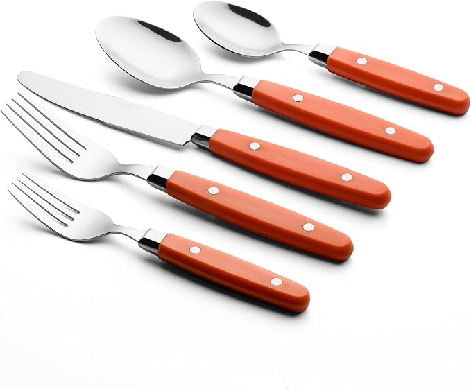 ANNOVA Silverware Set, Retro/Rivet Colorful Stainless Steel Tableware Kitchen Flatware Set Utensils, Includes Dinner Knives, Forks, Spoons, Salad Forks & Dessert Spoons (Orange, 20 Pieces)