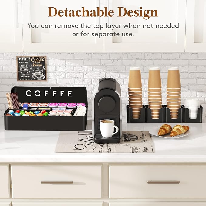 Lifewit 2-tier Coffee Station Organizer, 11 Compartments, Black, Plastic | Countertop Coffee Bar Organizers for Cups, Pods, Sugar, Condiment Holders Storage for Office Breakroom Kitchen Home
