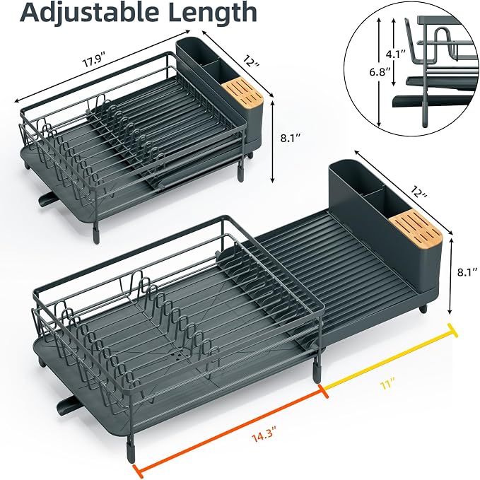 Urackify Extendable Dish Rack, 18.5"-26.7" L x 12.7" W, Dark Slate Gray | Multifunctional large dish rack with cup holder and built-in cutlery holder for versatile drying needs