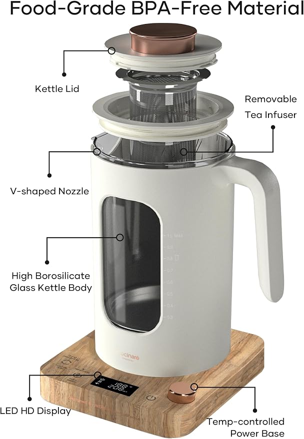 INTASTING Electric Kettle, Electric Tea Kettle with Infuser, 1 Liter | ±1℉ Temperature Control, 1200W Fast Heating, BPA-Free Glass, Easy to Clean, Keep-warm, Auto shut-off, Cream