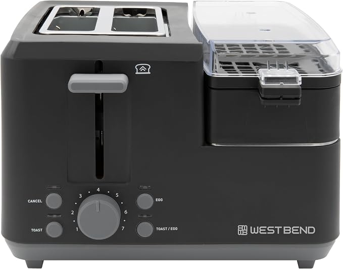 West Bend Breakfast Station 2-Slice Toaster and Egg Cooker/Poacher with Removable Pre-Cooked Meat and Vegetable Warming Tray for Perfect Breakfast Sandwiches, 1200-Watts, Black