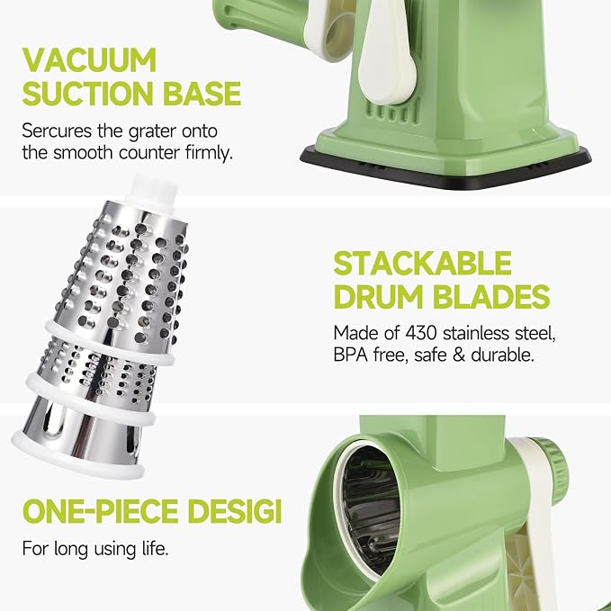Rotary Cheese Grater Hand Crank Transparent - Shredder Slicer Grinder 3 Stainless Steel Blades, Stable Suction, Labor-Saving Handle, Safe Kitchen Tool for Cheese, Vegetable, Nuts, Chocolate