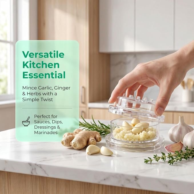 2 Pack Garlic Mincer, Clear Manual Garlic Twister and Ginger Mincer Tool | Garlic twister mincer to mince garlic, ginger, herbs, onions & nuts, non-slip grip, easy rinse, compact storage