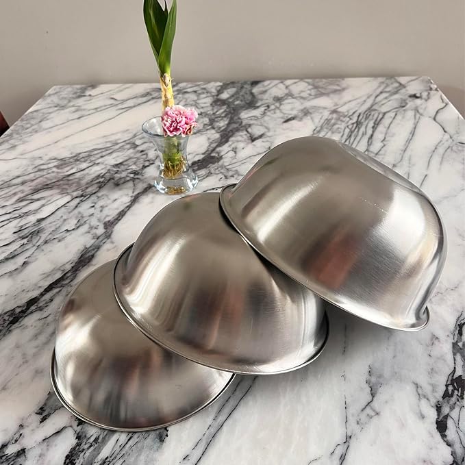 Stainless Steel Mixing Bowl Thickened 3-Piece Set, Nested Flat Bottom 1.3QT (1200ml)/1.9QT (1800ml)/2.6QT (2500ml) Kitchen Food Storage Organizer for Baking, Salad Prep, Vegetable Washing (Silver)