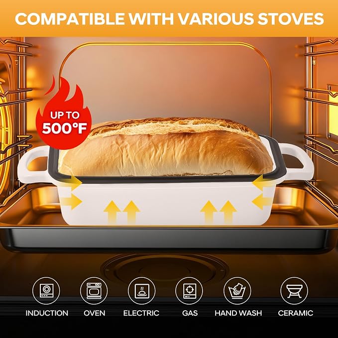 Cast Iron Loaf Pan with Lid 10x5 Inch Enameled Bread Loaf Pan for Sourdough, 2 Piece Set, Cream