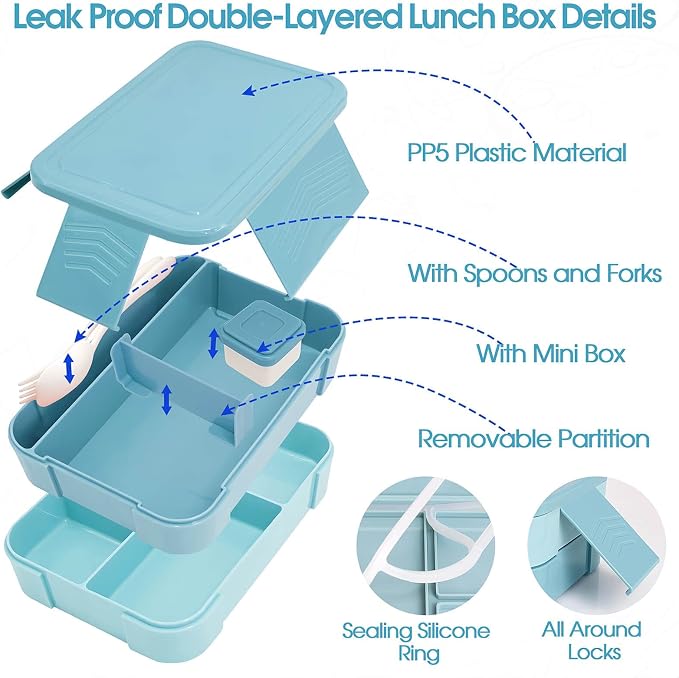 PainZieteg Lunch Box for Girl with 10oz Thermo 6 Compartment Bento Set Blue | Nylon Insulated Lunch Bag with Adjustable Strap, Ideal for Kids and Teens School, Travel and Picnic, Leakproof Thermal Pouch