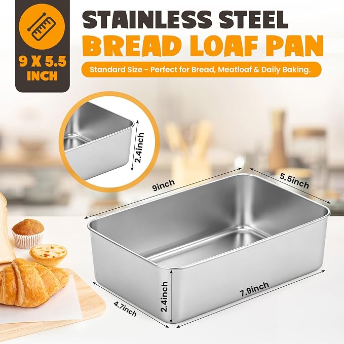 4 Pack Loaf Pans for Baking Bread,9×5In Stainless Steel Loaf Pans | Bread Loaf Tins for Homemade Bread Brownies, Meatloaf, Lasagna Cake, Sturdy, Oven, Dishwasher Safe, Silver