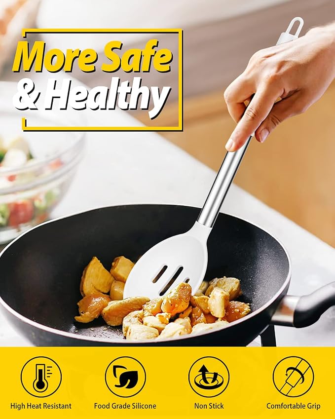 BUNDLEPRO Silicone Cooking Spoons for Non Stick Cookware, 2 Pack, White | Heat Resistant, Large Kitchen Spoons for Mixing, Serving, Draining, Stirring