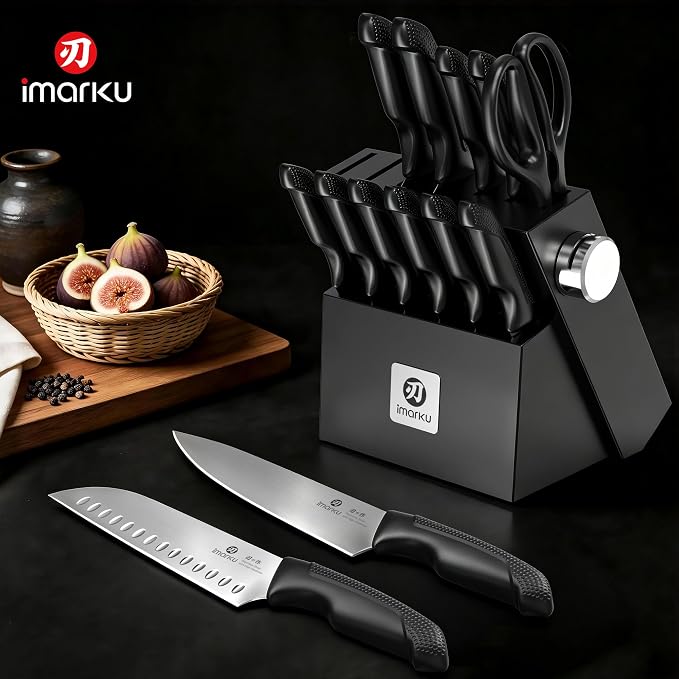 imarku 14-Pieces Stainless Steel Knife Set with Build-in Sharpener，Black | Kitchen Knife Set with Block|15°Precision Edge|56±2 HRC Hardness|Built-in sharpener|Ergonomic handles|Dishwasher safe