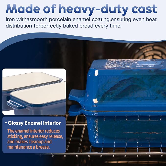 Enameled Cast Iron Dutch Oven for Bread Baking, 9×5 Dutch Oven Pot with Lid, 2 in 1 Sourdough Bread Pans for Baking with Lid, Roasting & Braising, Easy Release, Oven & Induction Safe (4.2 QT,Blue)