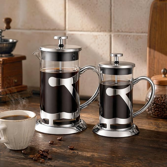Stainless Steel French Press Coffee Maker 600ml, 20oz Heat Resistant Borosilicate Glass Coffee Press with Coffee Measuring Spoon, Manual Brewer for Coffee and Tea