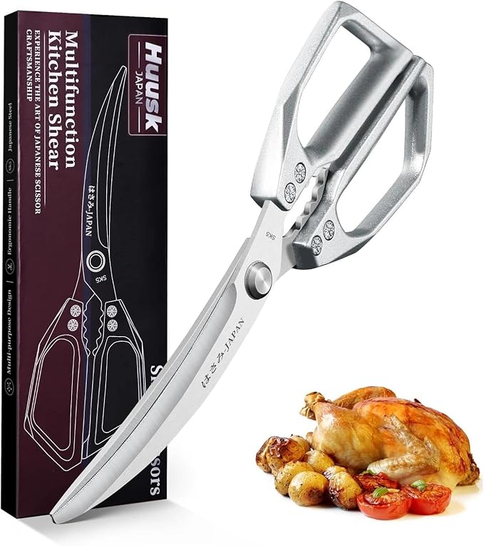 Huusk Kitchen Scissors for Food - Multifunction Poultry Shears Heavy Duty | Japanese Stainless Steel Kitchen Shears for Meat, Fish, Chicken, Turkey, Ergonomic Handle, Easy to Clean, Gifts for Women