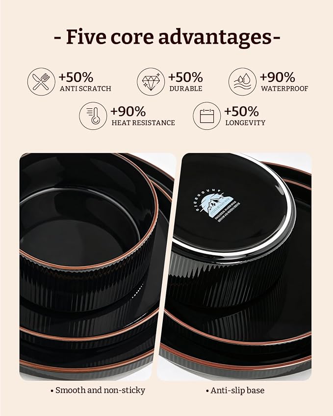 Line Porcelain Dinnerware Set, dish set for 4, Black | Premium dinnerware set, chip-resistant & durable. Safe for dishwasher, microwave, oven. For daily meals to festive feasts