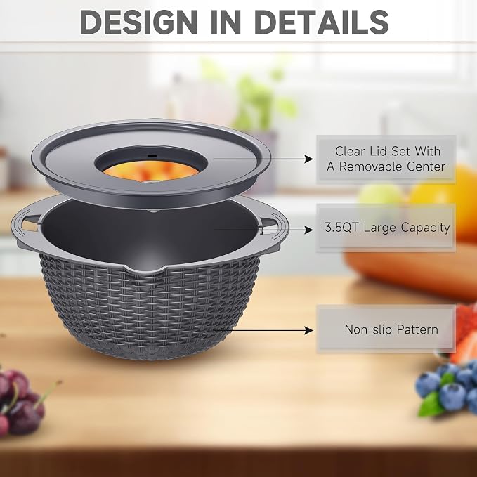 4-1 Colander with Lid Set - Rotatable Strainer With Bowl(Patented), Pasta Strainer with New Upgraded Graters, Strainer And Colanders, Fruit Cleaner, Veggie Wash, Apartment Kitchen Gadgets - Grey