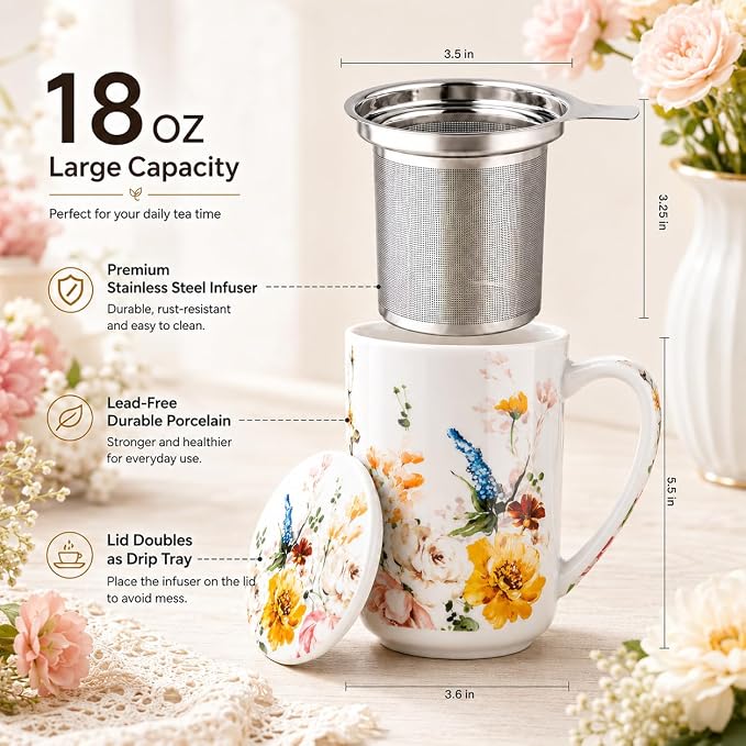 GBhome Tea Mug with Infuser and Lid,18 Ounce Ceramic Loose Leaf Cup Steeper | Lead-Free Glaze For Tea Lovers,Microwave & Dishwasher Safe with Tea Strainer