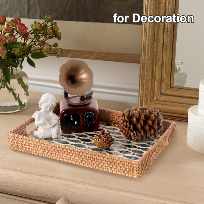 Rectangle Rattan Tray with Mother of Pearl Inlay, Rattan Serving Tray with Handle for Coffee, Bread, Fruits, Snacks, Decorative Wicker Tray for Table Decor (Rectangle Black Fish, 13"×9")