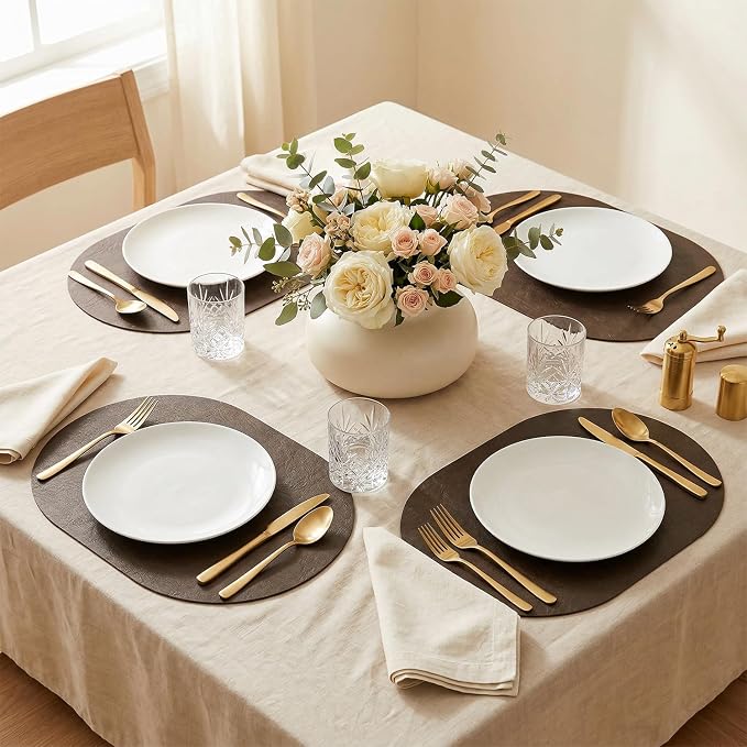 Artoid Mode Coffee Brown Faux Leather Oval Placemats Set of 6, 12 x 18 Inch Waterproof Wipeable Heat Resistant Vinyl Place Mats, Reversible Table Mats for Kitchen Dining Decor