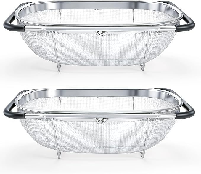 2 Pack Over the Sink Oval Colander for Kitchen, Stainless Steel Fine Mesh 6 Quart Strainer Basket with Expandable Rubber Grip Handles for Straining, Draining, Rinsing Fruits, Vegetables