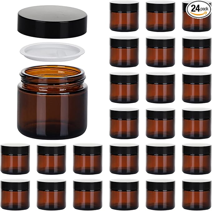 2oz Jars with Lids, Hoa Kinh 24 Pack Amber Cosmetic Glass Jars with Lids | Empty Cosmetic Containers Round Airtight Glass Jar with Inner Liners and Lid for Storing Lotions, Powders, and Ointments