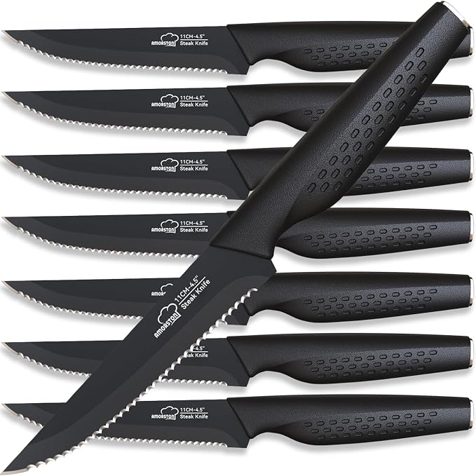 Steak Knives, Steak Knives Set of 8, Stainless Steel Steak Knife Set, Serrated Knives Dishwasher Safe, Elegant Black Mothers Day Gifts for Women