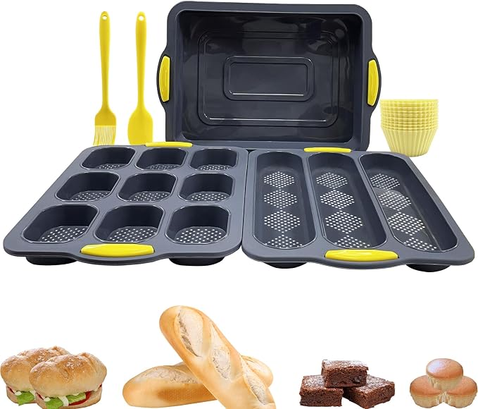 Silicone Bread Loaf Pan, Nonstick Baguette Bread Pan, Baking Pan Set | Food Grade Silicone Molds for Baking Hot Dog Buns Hoagie Rolls Sandwich, Sourdough Loaf Pan, Bread Pans for Homemade Bread