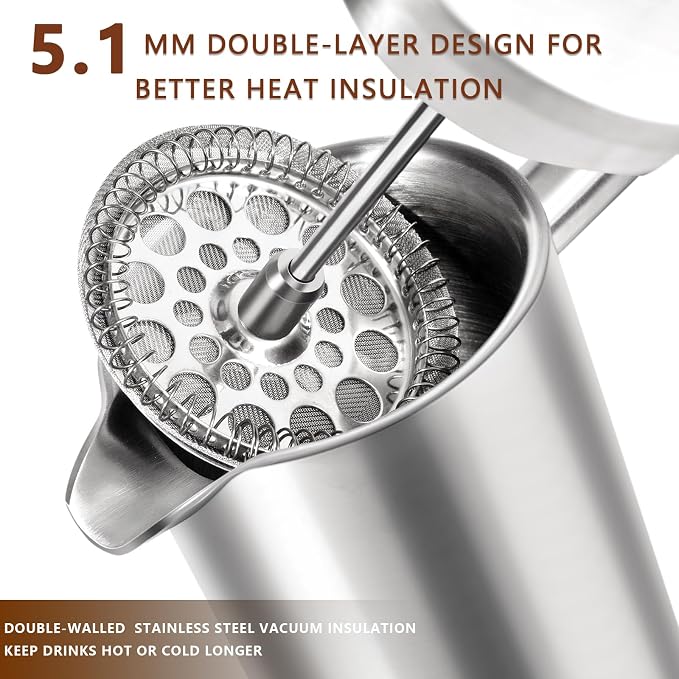 12 OZ French Press Coffee Maker, Sturdy Full Stainless Steel Coffee Press | Mini Small Camping French Presses Coffee Maker, Teapot for Kitchen Travel, 1-2 Cup, 350 ml, Elegant Silver