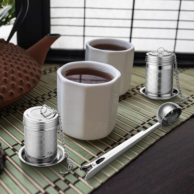 4 Pcs Tea Infuser Strainers for Loose Tea with Scoop, Extra Fine Mesh Steeper 304 Stainless Steel Diffuser Leaf Holder with Extended Chain Hook for Brew, Spices, Seasoning, Silver