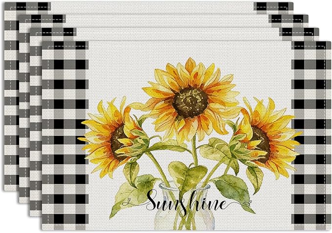Sunflower Sunshine Vase Summer Placemats Set of 4, Outdoor Home Party Decor | Buffalo Plaid Spring Table Mats for Kitchen Dining Decoration, Washable Non-Slip Heat Resistant Linen Fabric Place Mats
