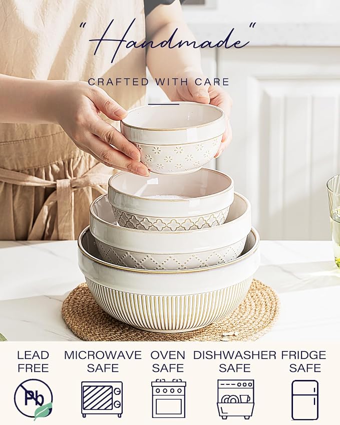 getstar Large Serving Bowls Set of 4, 12/26/42/64 oz Ceramic Stoneware Nesting Bowls Set, Microwave and Dishwasher Safe, Farmhouse Kitchen Versatile Prep Bowls for Fruit Salad Pasta Dessert Cereal