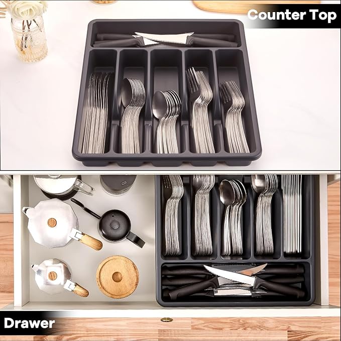 Pleafind 73-Piece Silverware Set with Organizer - Heavy Duty Stainless Steel Flatware Set Service for 12, Cutlery Utensil Sets with Steak Knives, Tableware Set for Home Restaurant, Dishwasher Safe