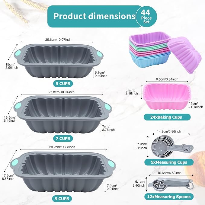 44 Pieces Silicone Cake Pan Set, 3 Sizes Silicone Fluted Bread Pan with Reusable Baking Cups, Food Grade Baking Mold for Brownie, Bread, Muffin, Light Grey
