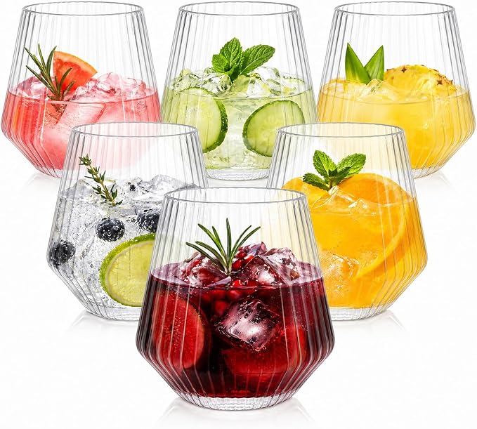 12oz Ribbed Stemless Wine Glasses, Set of 40 - BPA-Free Unbreakable Clear PET Tumblers, Textured Plastic Wine Cups for Parties, Weddings, Picnics & Outdoor Use