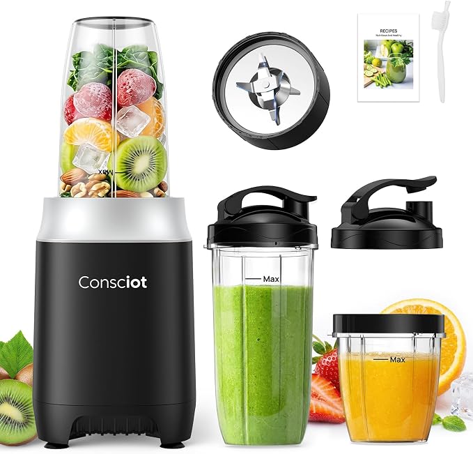 Consciot CB10 11Pcs Personal and Countertop Blender Combo, 900 Peak Watts | Make Shakes & Smoothies, Frozen Drinks, Baby Food, Spreads & More, 3 Portable BPA Free To-Go Cups, 2 Spout-Lids & 1 Flat-Lid