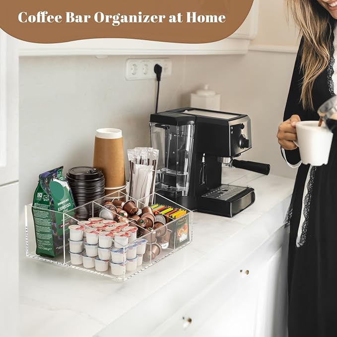 BEYGORM Acrylic Coffee Bar Station Organizer for Countertop | Coffee Gift for Coffee Lovers, Office Breakroom Storage Holder for Kcup Pod, Condiment, Cup, Tea, Creamer, Syrup (Clear)