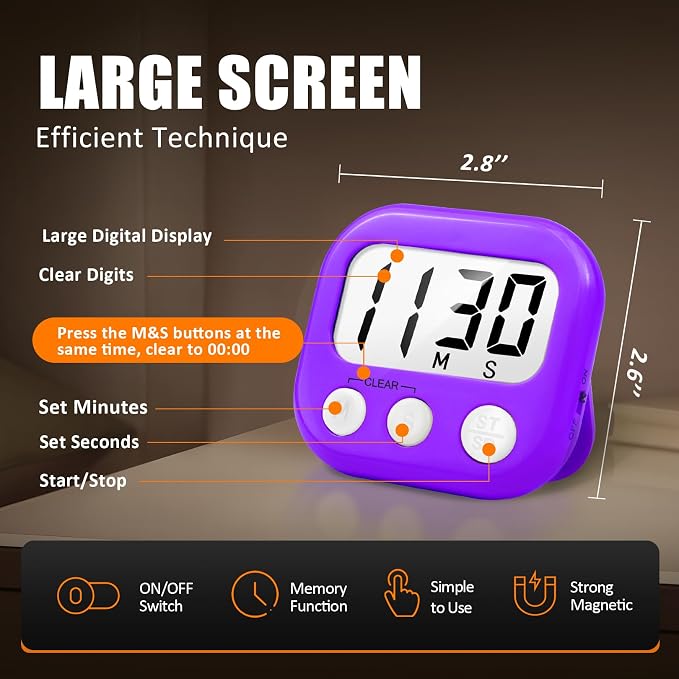 6 Pack Digital Kitchen Timer for Cooking Big Digits Loud Alarm Magnetic Backing Stand Cooking Timers for Baking Purple