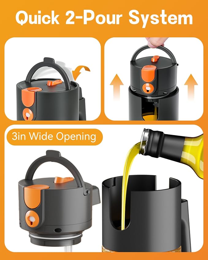 Olive Oil Sprayer & Dispenser Bottle for Cooking 17oz Dark Glass Oil Mister | 2-in-1 Sprayer & Pourer, Fine mist, Leakproof, Light-Blocking, Wide Mouth for Easy Refill & Clean, 8 Oil Labels, Reusable