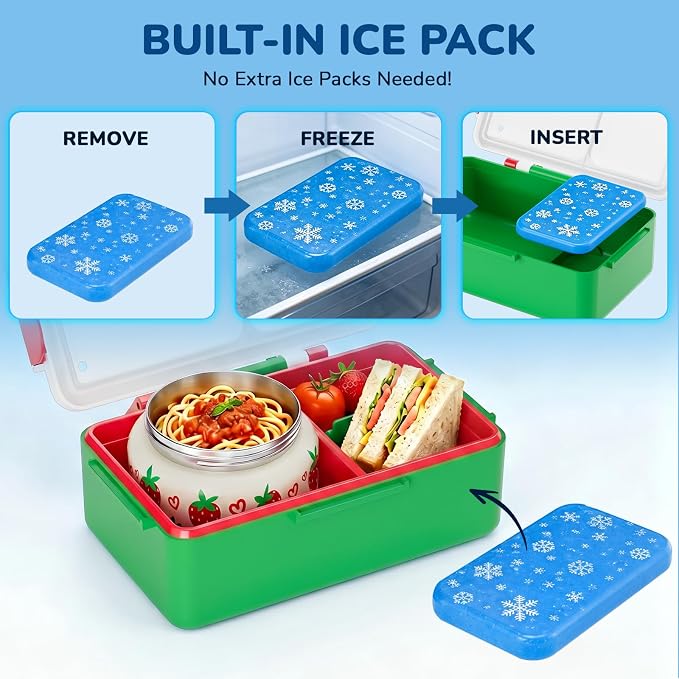 Bento Lunch Box for Kids–Strawberry Console Design with 12oz Insulated Stainless Steel Soup Jar and Built-in Ice Pack, 3-Compartment Leak-Proof Kids Bento Box for Boys Girls School Travel
