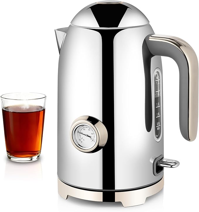 SUSTEAS 57oz Electric Kettle with Thermometer, Hot Water Pot, Glossy Silver | Electric Tea Kettle for Boiling Water, 1500W Stainless Steel Pot, Cordless LED Indicator, Auto Shut-Off & Boil Dry Protection