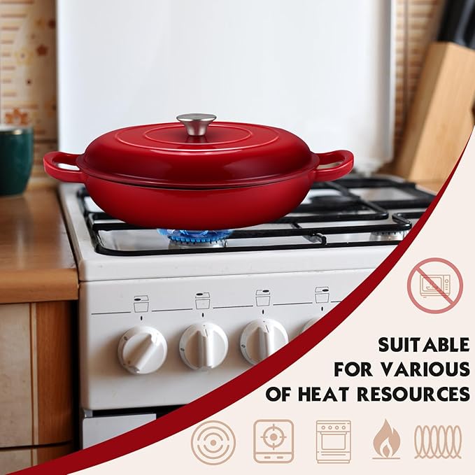 Overmont Enameled Cast Iron Dutch Oven - 3.8 QT Shallow Braiser with Recipe | Enameled Casserole with Lid Potholders, Oven Safe up to 500°F, Cast Iron Cookware for Grilling Searing Roasting Braising Bake
