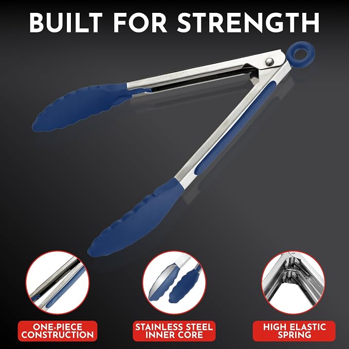 Kitchen Tongs - 12, 9 & 7 Inch Locking Silicone Tongs for Cooking, Set of 3 | Blue Tongs with Silicone Tips, Heat Resistant Tongs for Grilling, Serving, Mixing