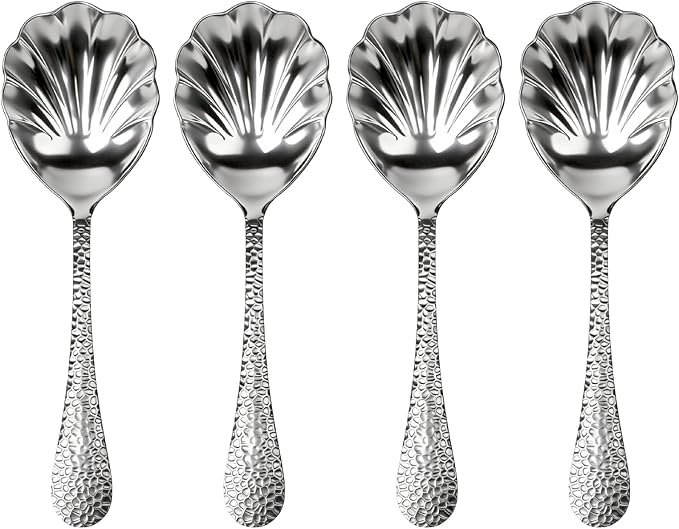 Serving Spoons 4Pack, Hammered Serving Spoons for Buffet 18/10 Stainless Steel Large Serving Spoons Set, Scalloped Design Serving Utensils for Party Catering Dinner Banquet Cooking(Silver)