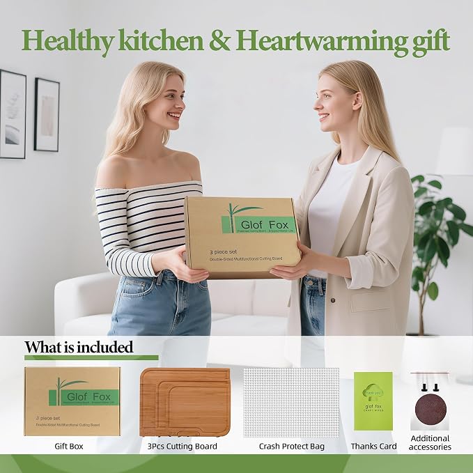 Golffox Wood Cutting Board Set, Bamboo Chopping & Charcuterie for Kitchen | Non Toxic Bamboo Cutting Board with Stand, Built-in Handles, Deep Juice Grooves, for Meat, Vegetables, Cheese & Fruits