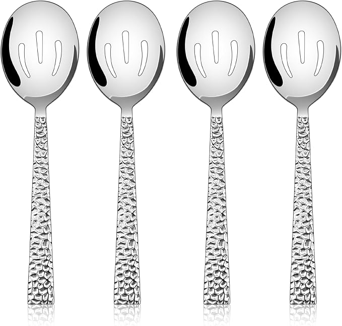 E-far Hammered Slotted Serving Spoons, 4-Piece Stainless Steel Tablespoons Hostess Serving Utensils Set for Catering Buffet Party Wedding Kitchen Restaurant, Dishwasher Safe