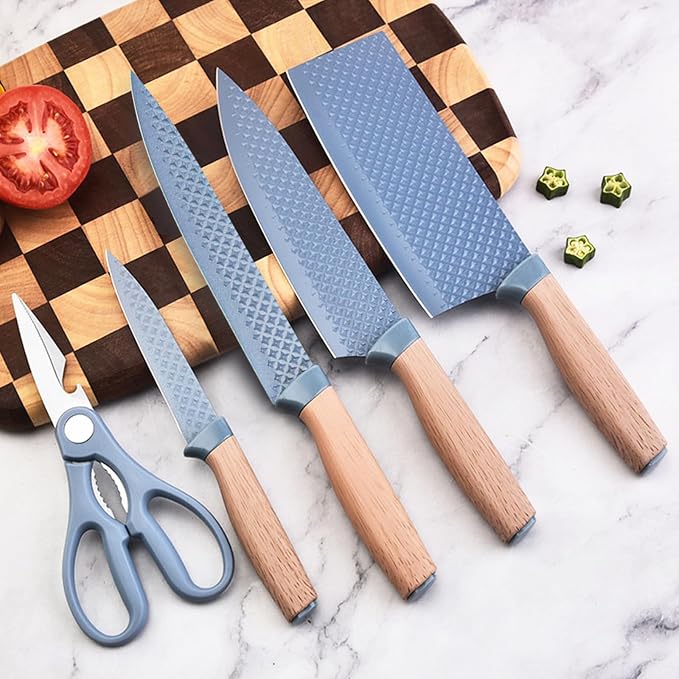 Kitchen Knife Set, Retrosohoo 6-Pieces Blue Sharp Knife Set for Kitchen, Non-stick Non-slip Stainless Steel Chef Knife Set with Universal Knife Block Suitable for Home Restaurant (Dusty Blue)