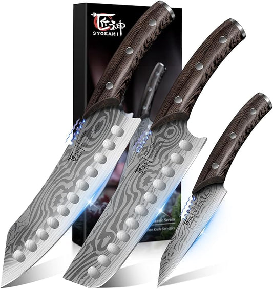 Kitchen Knife Set, 3-Piece Japanese Style Chef Knives Set | 8.2" Kiritsuke, 7.2" Nakiri, 4" Paring, Precision Cutting, Damascus Pattern, Ergonomic Full Tang Wooden Handle, Cooking Gifts