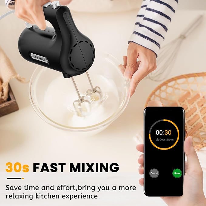 Lord Eagle 5-Speed Hand Mixer Electric With 4 Mixing Bowls Set | 300W Lightweight Kitchen Handheld Mixer with Measuring Cups & Spoons, Stainless Steel Bowls, Baking Supplies for Cake, Black